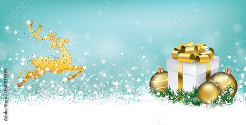 Cyan Christmas Header Snowflakes Reindeer Golden Gift Baubles