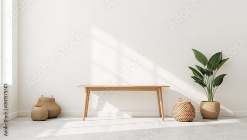 Minimalist white room with wooden furniture providing a neutral backdrop for interior layout or branding presentations