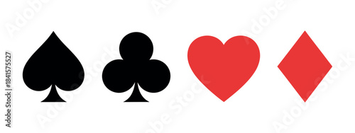 A vector icon set of playing cards suits: spades, clubs, hearts, and diamonds, displayed in a minimalistic design with contrasting colors.