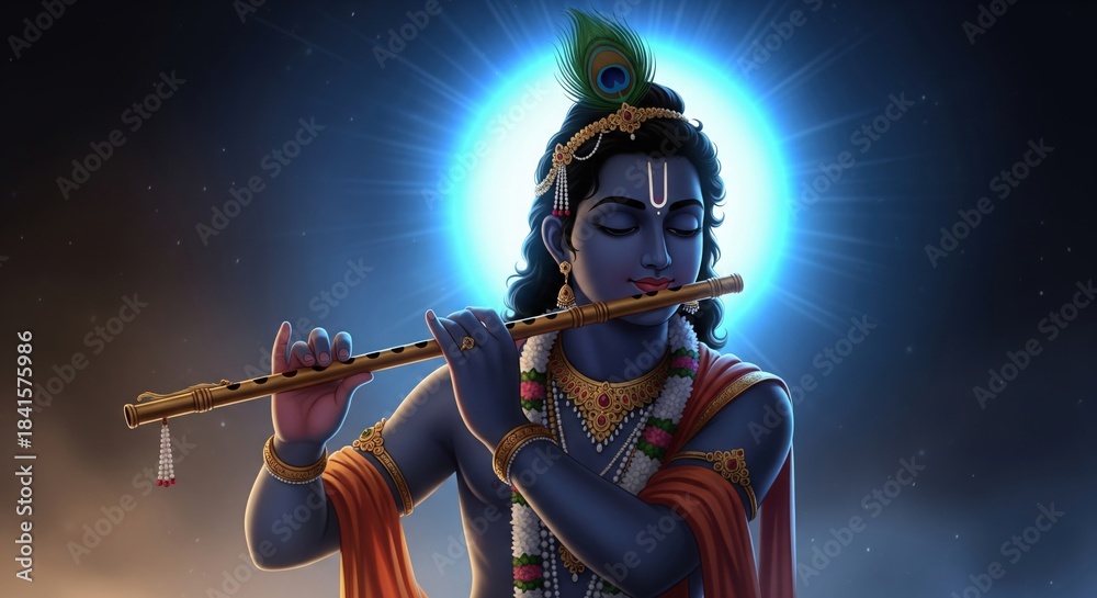 Naklejka premium Krishna Playing Flute Blue Glow Semi-Realistic 4K Wallpaper.