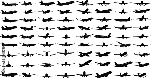 Commercial passenger airliners, corporate jets, and cargo aircraft silhouettes in flight and landing poses, high-contrast flat vector illustration set for aviation design.