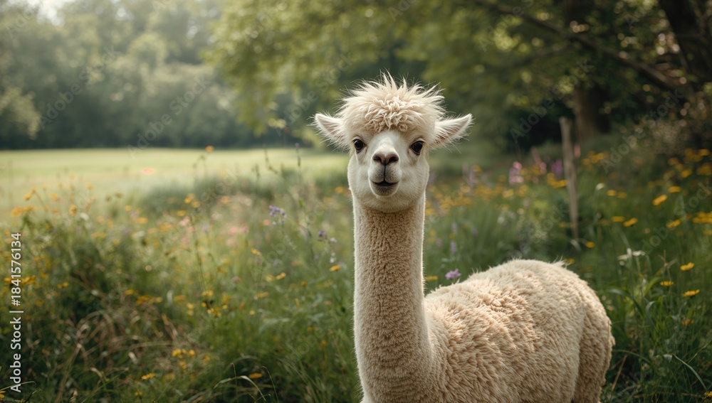 Fototapeta premium Alpacas resting in a pasture, livestock care in a rural setting