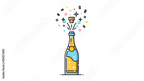 Celebratory champagne bottle uncorking with colorful confetti and bubbles bursting outwards.