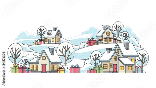 Cozy winter village scene with snow-covered houses and festive gift boxes