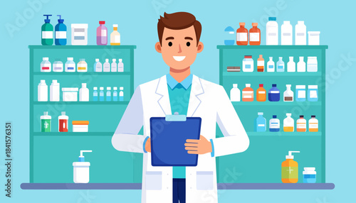 A friendly male pharmacist in a white coat holding a clipboard, standing in a pharmacy with shelves of medicine bottles.