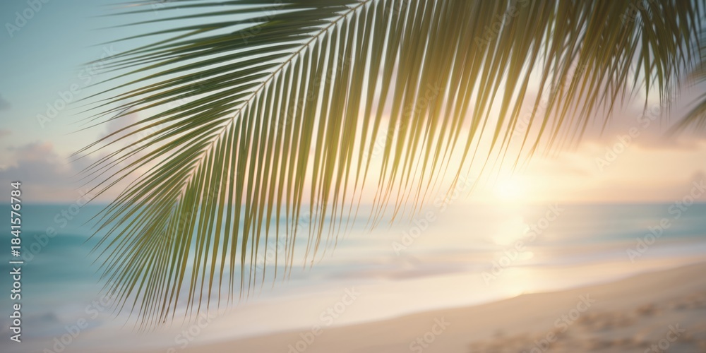 Fototapeta premium Green palm leaf overlay on a tropical sunset with wave-like bokeh, used as background for summer vacation or travel layouts