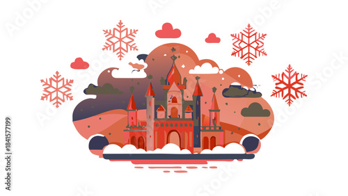 A massive snowflake-shaped palace floating in the clouds, shimmering white towers, icy bridges, and magical winter guardians watching over the world
