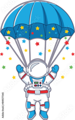 Happy cartoon astronaut vector illustration, space explorer character descending to earth safely with a blue parachute