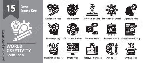 World Creativity Icon set. Including creative, idea, innovation, art, design, world, global and more. Solid vector icons collection. Vector Illustration.