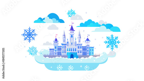A massive snowflake-shaped palace floating in the clouds, shimmering white towers, icy bridges, and magical winter guardians watching over the world
