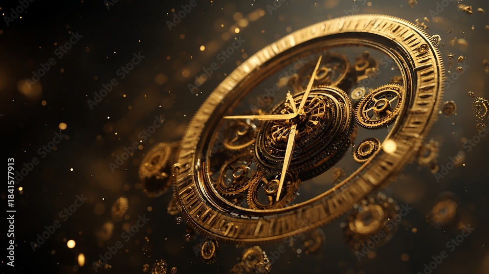 Fototapeta premium Ornate golden clockwork mechanism floating in dark space, sparkling highlights