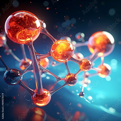 Glowing atom structure, connected by transparent rods, set against blue/black bokeh background
