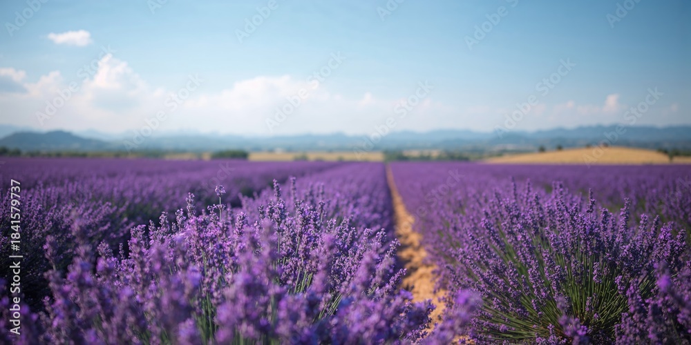 Fototapeta premium Close up of vibrant purple lavender bushes in a rural setting, emphasizing summer growth and landscape preservation, Earth Day