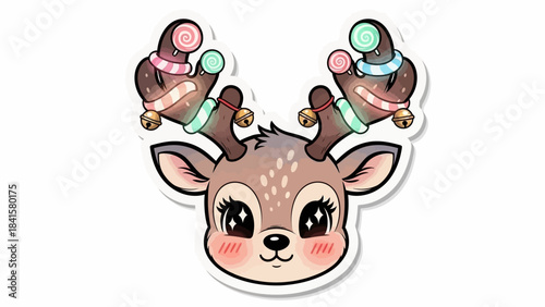 Cute Reindeer Head Sticker with Festive Antlers Adorable Cartoon Character.