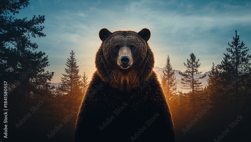 Fototapeta premium Sunset over a forest with bears and pine trees, highlighting wildlife habitat and seasonal transition