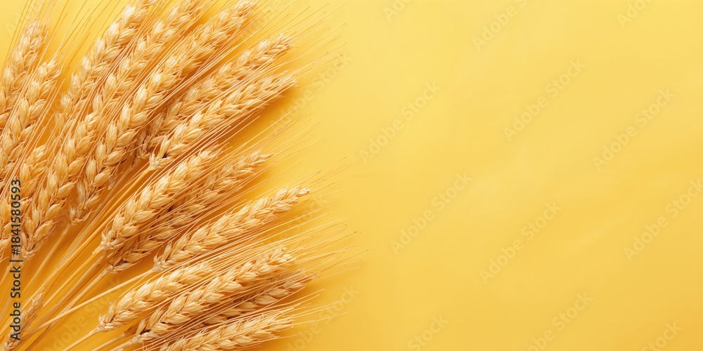 Fototapeta premium Golden wheat and rye ears, dry yellow cereals spikelets on yellow background, used for agricultural research, World Food Day