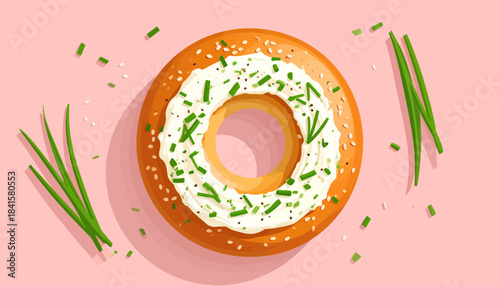 Overhead view of a delicious bagel topped with cream cheese and fresh green chives, presented on a vibrant pink background.