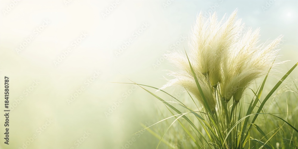 Fototapeta premium Miscanthus sinensis plant on light green background used as a natural backdrop for botanical layout and design, environmental awareness day