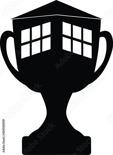 Achieving home ownership goals symbolized by a house topped award trophy design