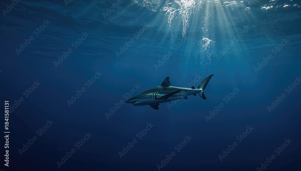 Obraz premium Large tiger shark swimming in open blue sea, highlighting ocean biodiversity