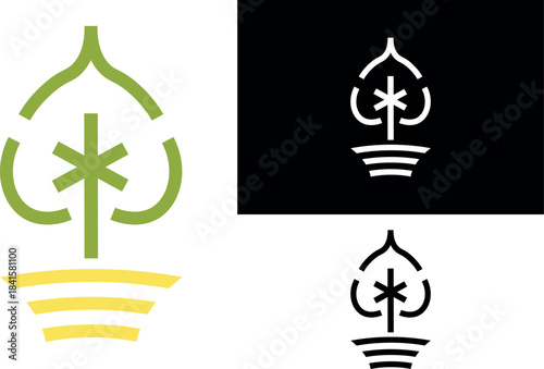 Minimalist Stylized Linden Leaf and Yellow Field Logo Tree in Field – Modern Line Art Icon for Agriculture, Organic Food, Honey Production, Health, and Natural Wellness