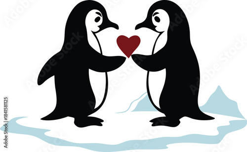 Adorable cartoon penguins holding a red heart standing on an ice floe for valentines celebration