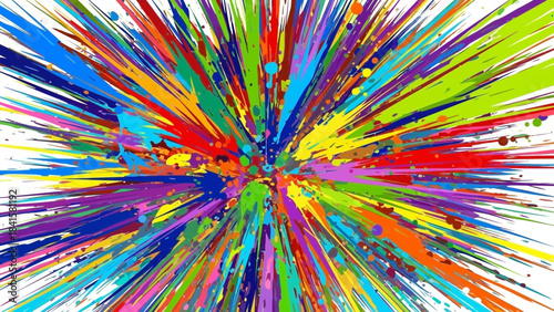 Vibrant multicolored paint splatter explosion on white background with dynamic colorful streaks radiating outward in all
