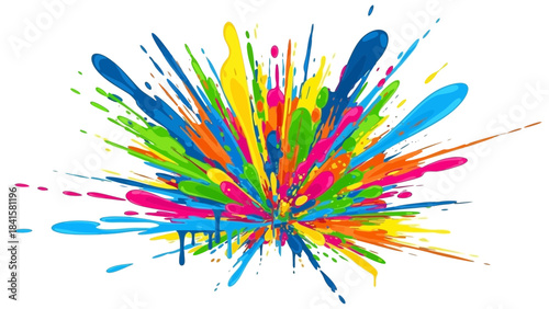 Vibrant colorful paint splatter explosion on white background with blue green yellow orange pink hues