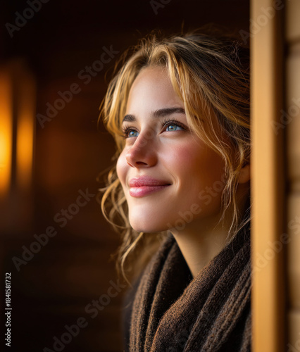 Smiling person in sauna