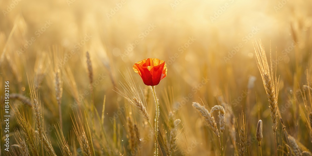 Fototapeta premium Bright red poppy in a cereal field, seasonal floral growth during harvest season