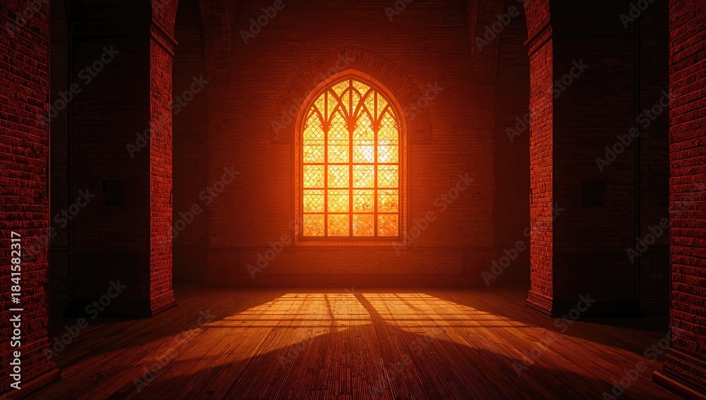 Fototapeta premium Interior of a church hall featuring a brick wall and vibrant orange stained glass window, used for religious gatherings