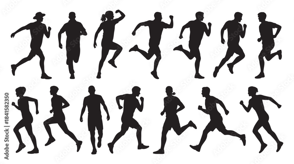 Naklejka premium Collection of running silhouettes displaying different poses for fitness and sport