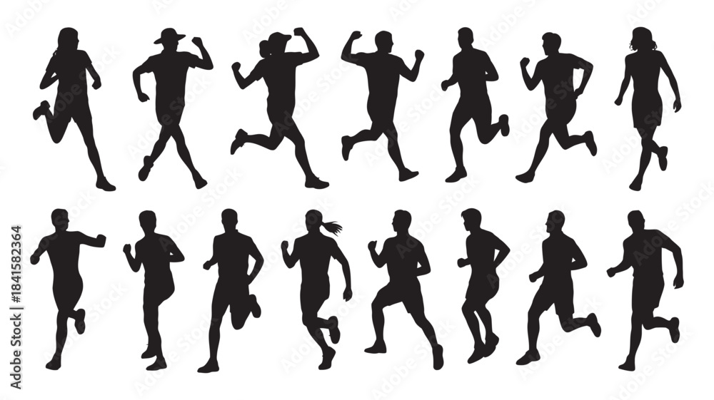 Naklejka premium A collection of running people silhouettes showing diverse poses for exercise and fitness concepts