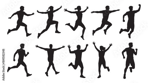 A collection of diverse silhouettes depicting dynamic running and jumping poses