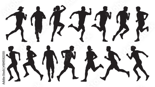 Collection of running silhouettes displaying different poses for fitness and sport
