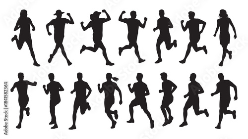 A collection of running people silhouettes showing diverse poses for exercise and fitness concepts