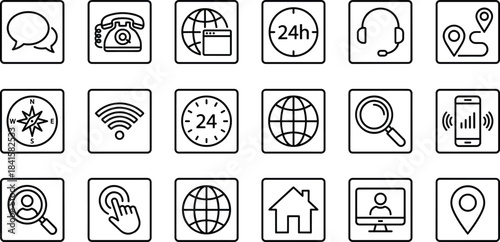 Essential Global Communication, Customer Service, and Support Icons for Business, Featuring Phone, Chat, Headset, 24-Hour Service, Navigation, Search, Internet, WiFi, Home, and Mobile.