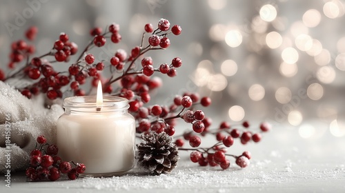 Christmas candle lit in glass jar, surrounded by frosted red berries, pinecone, and snow on light surface. Festive holiday decor with bokeh lights background, warm cozy winter scene 