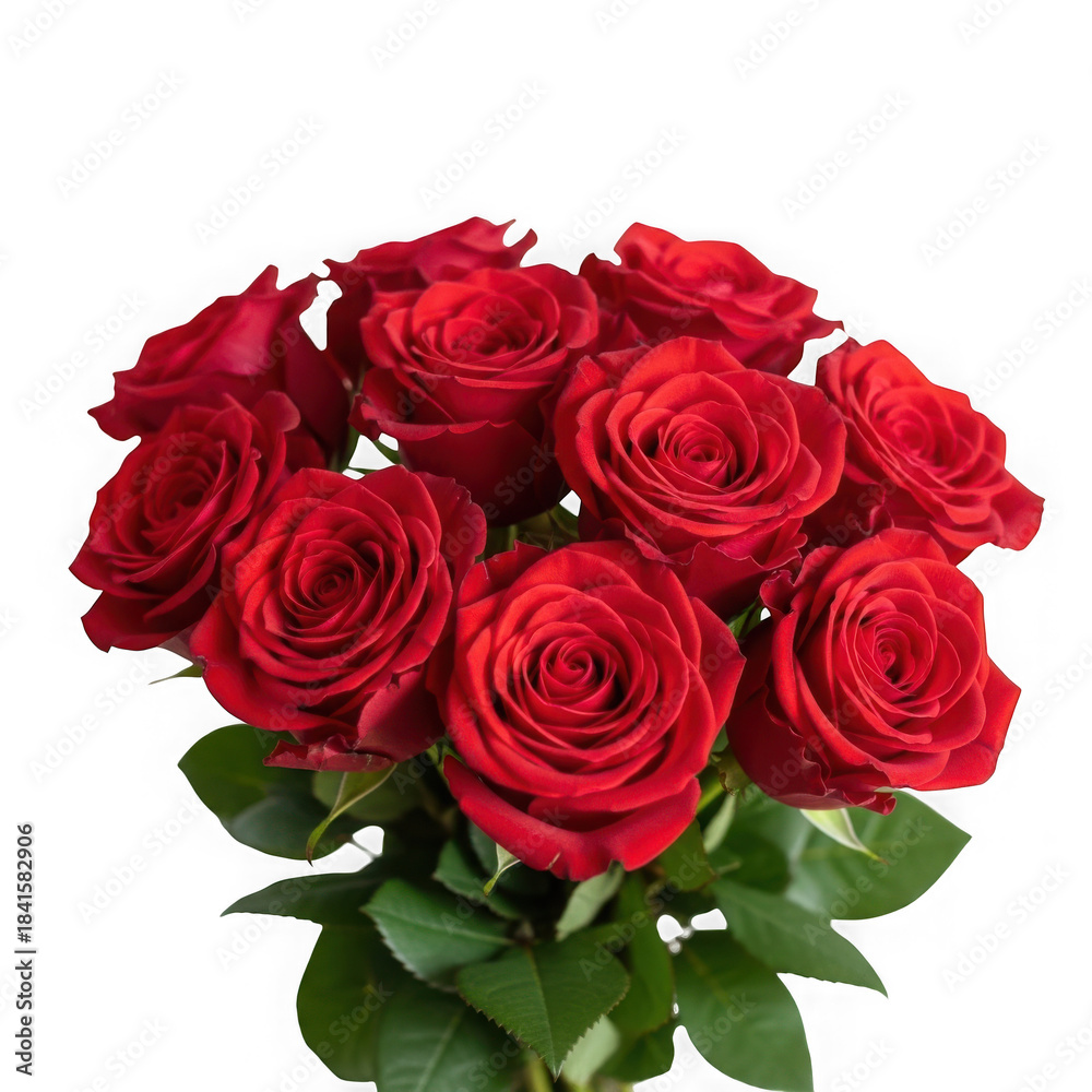 Obraz premium A close-up view of a vibrant red rose bouquet showcasing beauty and romantic elegance against a black backdrop isolated on transparent background