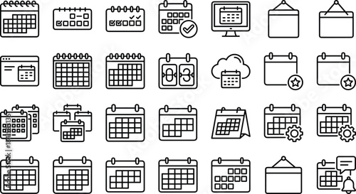 Massive black and white calendar line icons set for business scheduling, time management, appointment planning, meeting organization, events, and task tracking interface