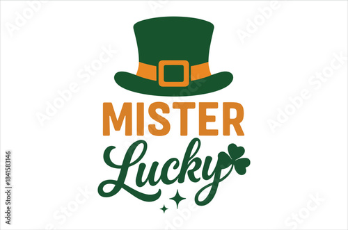 A vibrant image showcasing a dark green top hat above the words mister lucky with shamrock details
