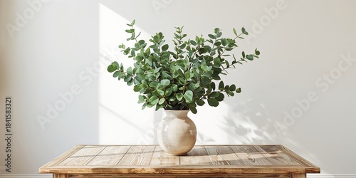 Indoor setting with eucalyptus branches in a vase placed on a wooden surface, used as a natural decor backdrop