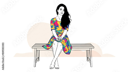 Colorful black-outline art of a woman sitting gracefully on a bench wearing a vibrant knee-length dress
