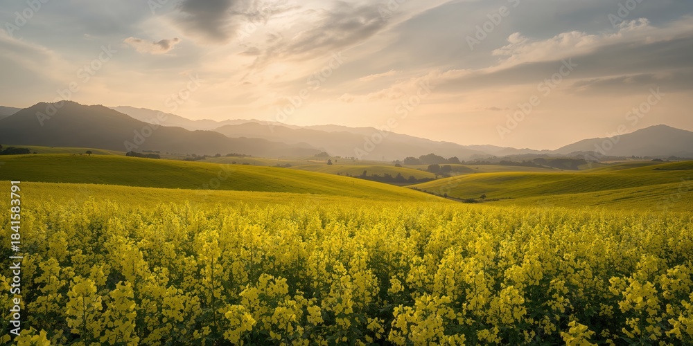 Obraz premium Rapeseed flower field in Luoping county, Yunnan, China, serving as a vibrant background for landscape photography