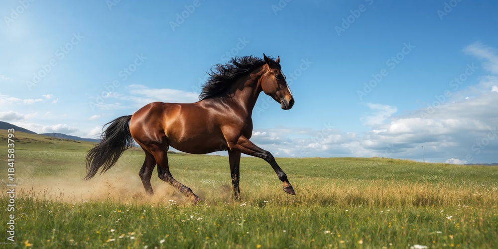 Fototapeta premium Horse with long mane running at full speed, motion and agility, World Horse Day