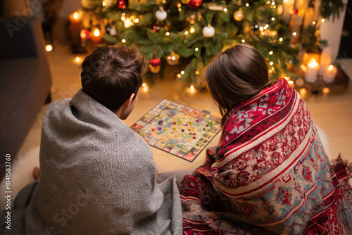 Cozy winter scene: a couple wrapped in blankets playing a board game before a glowing Christmas tree