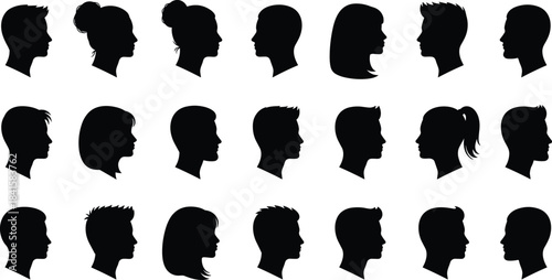 Collection of diverse man and woman head profile silhouettes featuring various hairstyles, side-view portraits, vector avatars, faceless people icons, and illustration elements..eps
