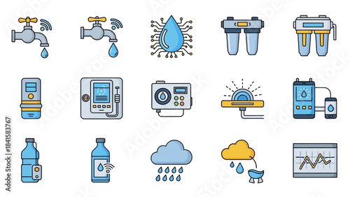 Smart Water Management Technology and Conservation Icons Set.