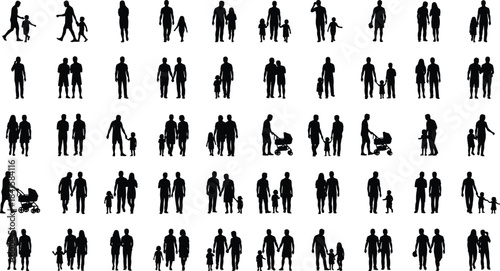 Collection of family silhouettes walking, holding hands, and parenting in various poses on white background representing relationships, childhood, lifestyle, care, unity, and togetherness