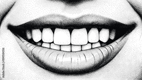 Close-up detailed vintage illustration of smiling human lips showing teeth, with stippling and line work, black and white vector for dental and beauty concepts.